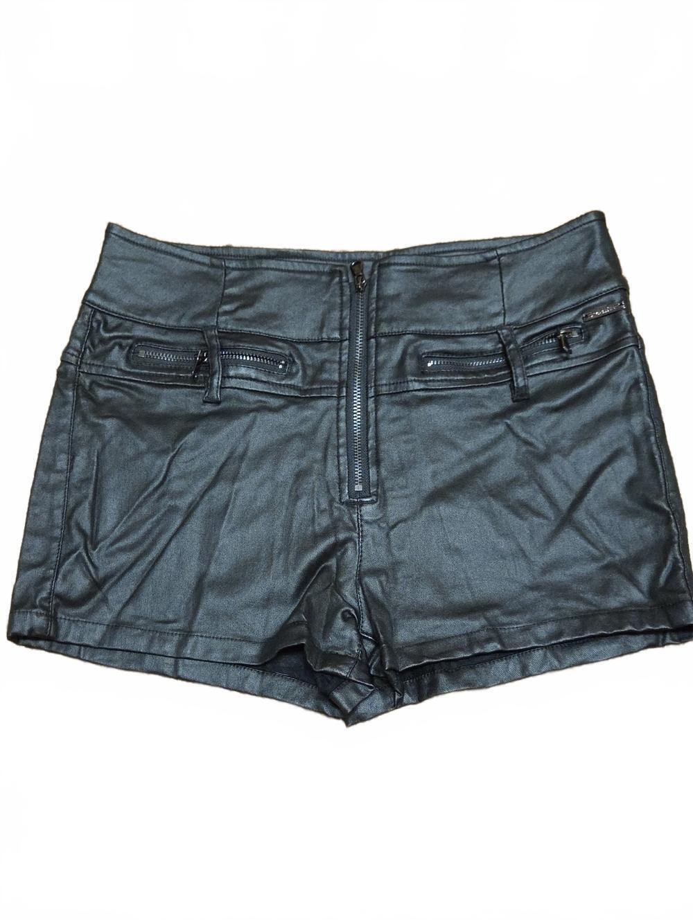 Ramisu | High-Waist Faux Leather Shorts with Front Zip | L